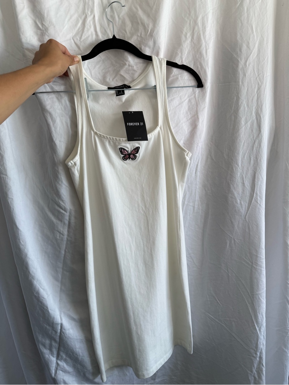 Forever 21 White Tank Top with Pink & Black Butterfly